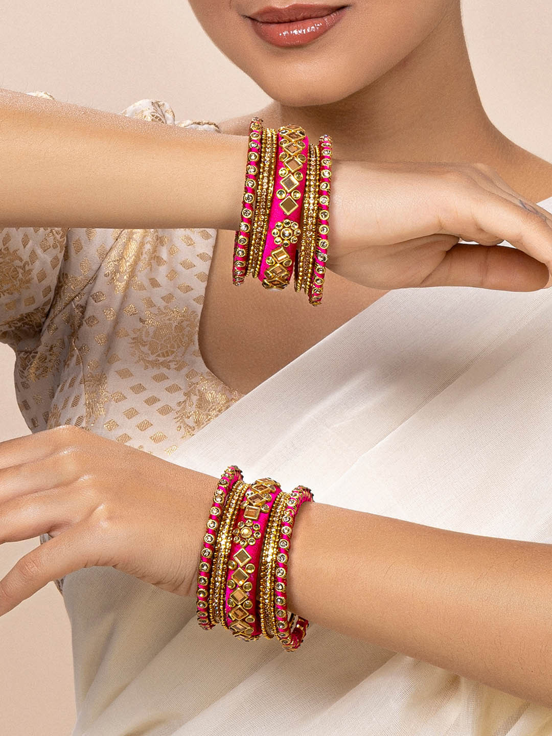 

Peora Women Set of 16 Gold-Plated Magenta Ethnic Handmade Silk Thread Stone Studded
