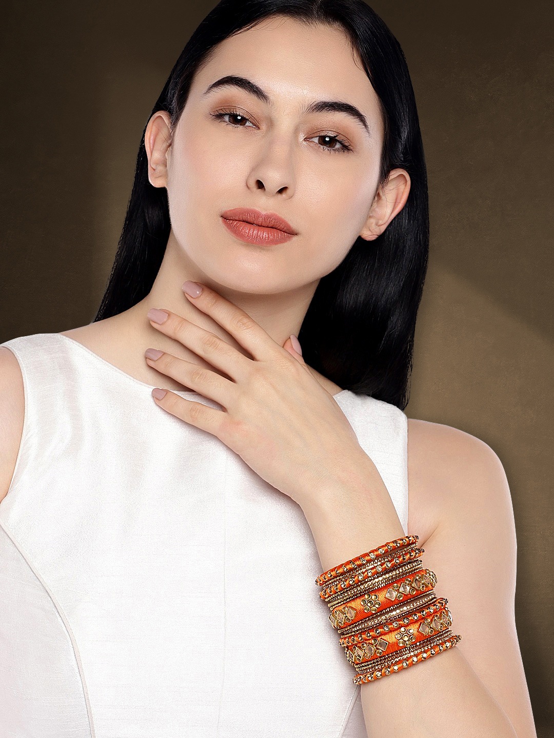 

Peora Women Gold-Plated & Stone-Studded Bangle Set, Orange