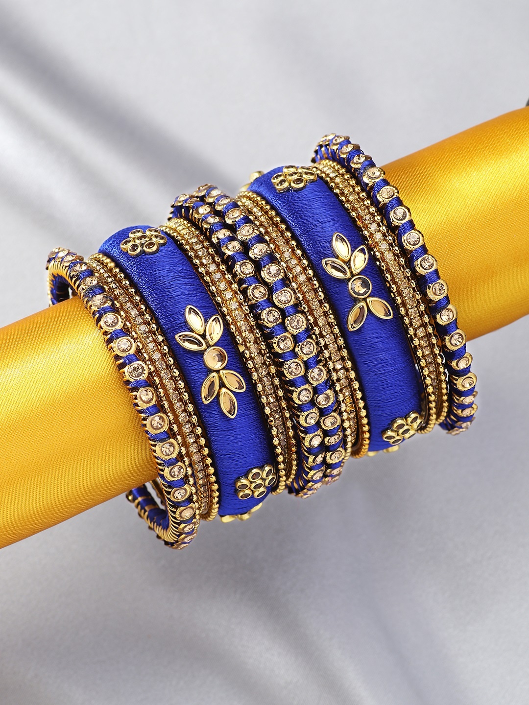 

Peora Women Set of 16 Gold-Plated Blue Ethnic Handmade Silk Thread Stone Studded