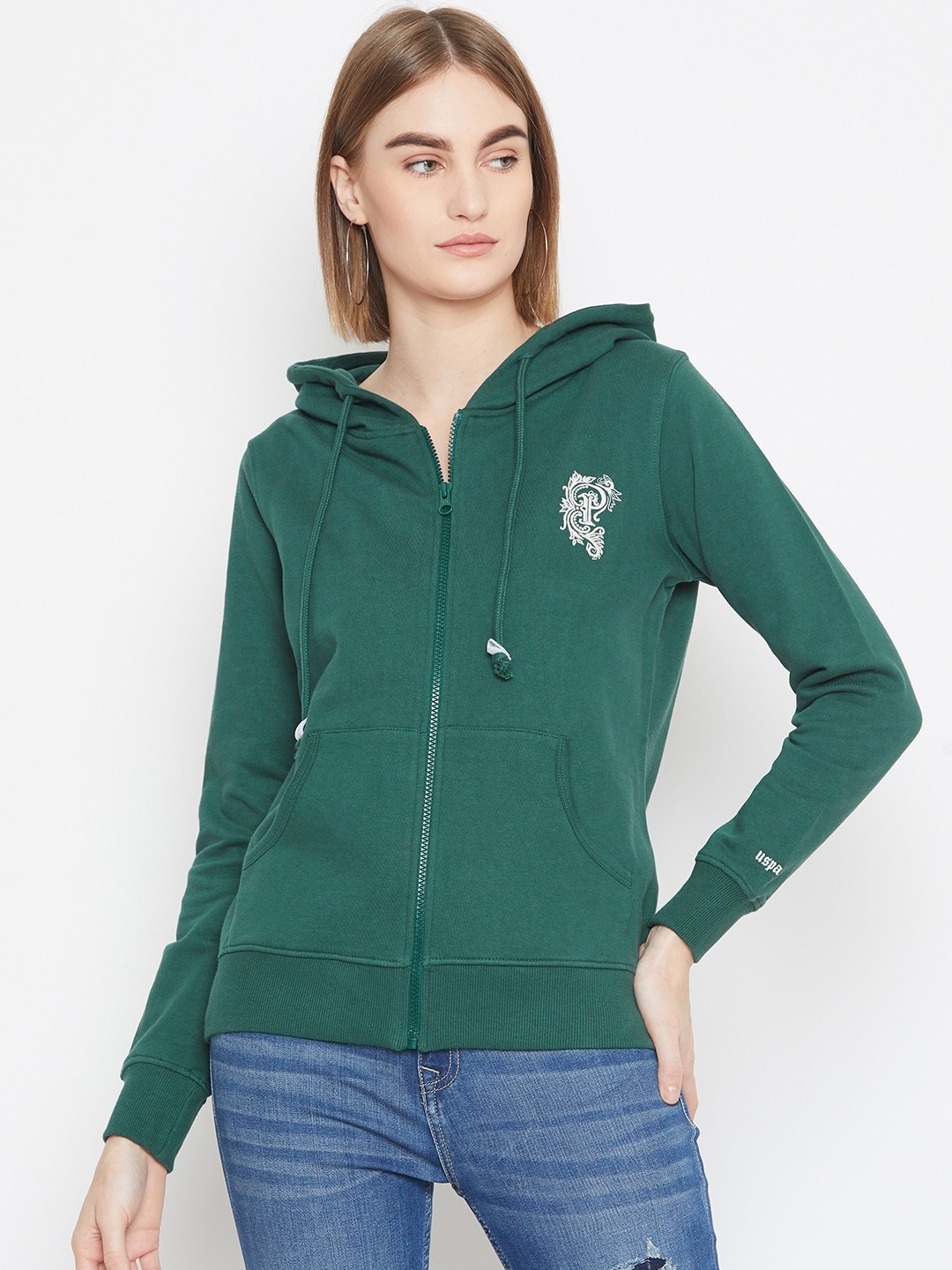 

U.S. Polo Assn. Women Green Solid Hooded Sweatshirt