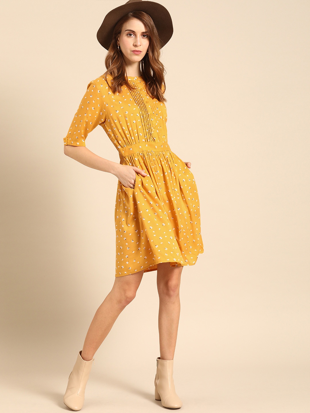 

DressBerry Mustard Yellow Floral Printed Fit and Flare Dress