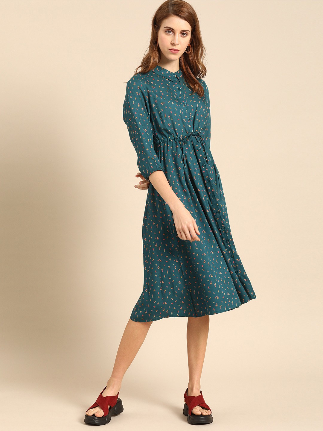 

DressBerry Women Printed Teal Blue & Pink Shirt Dress