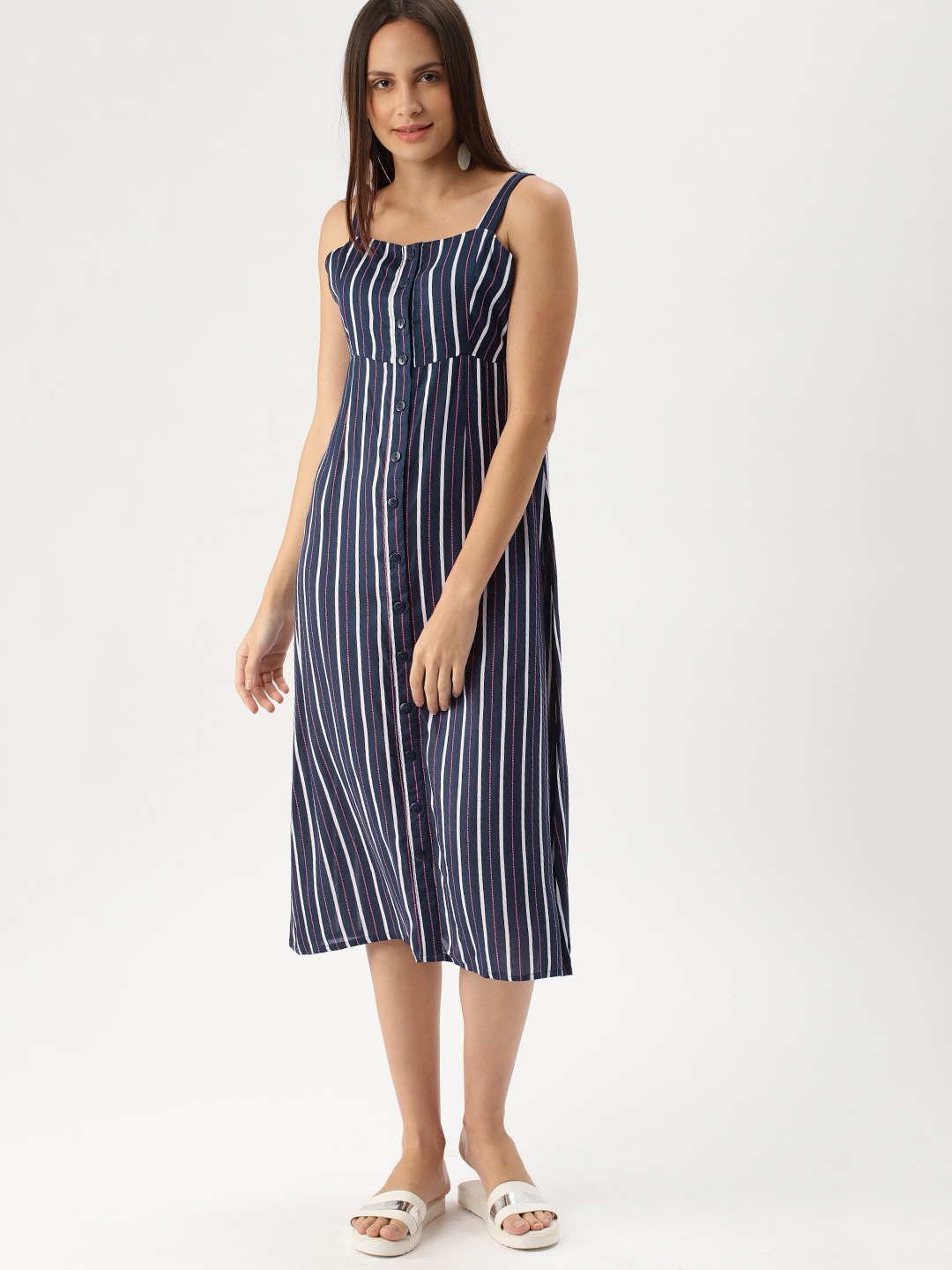 

DressBerry Women Striped Navy Blue A-Line Dress