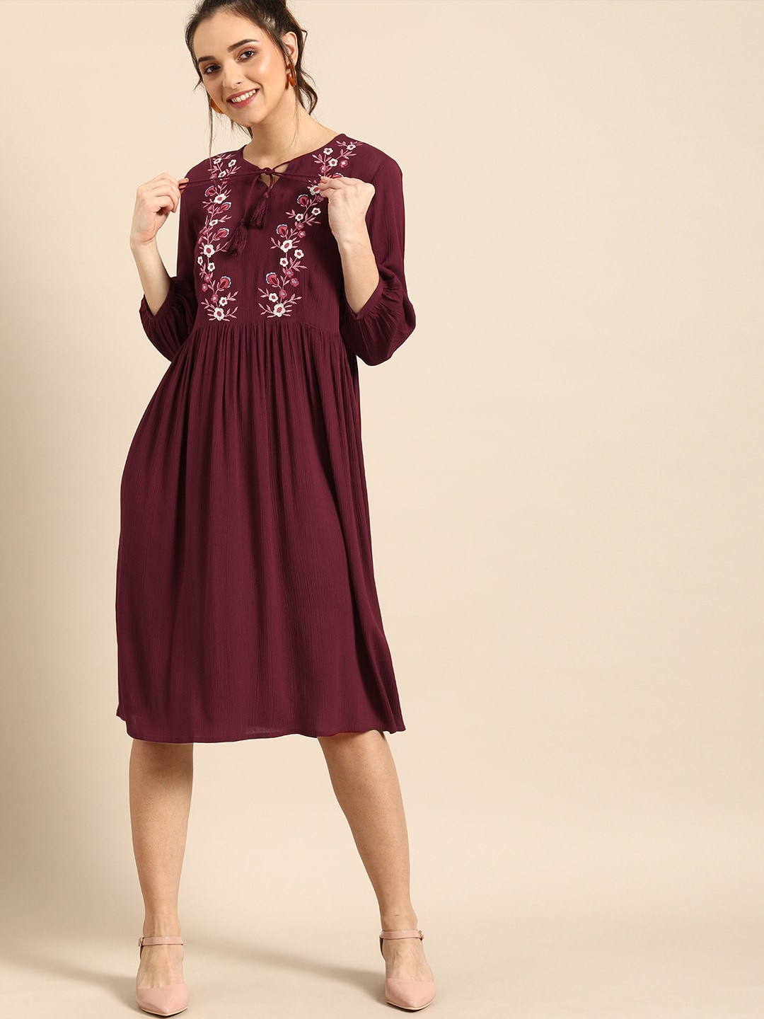 

DressBerry Women Burgundy Embroidered A-Line Dress