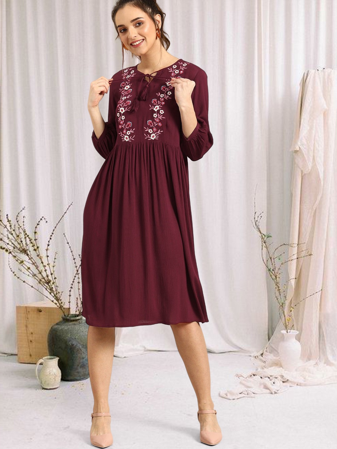 

DressBerry Women Burgundy Embroidered A-Line Dress