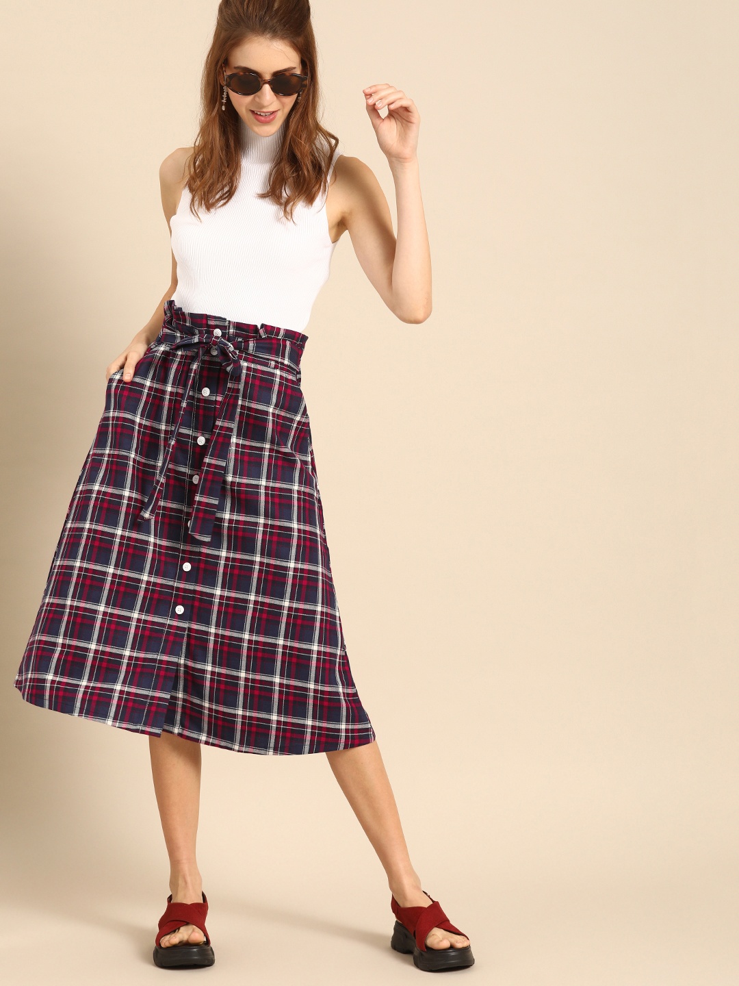 

DressBerry Women Navy Blue & Red Checked A-Line Skirt