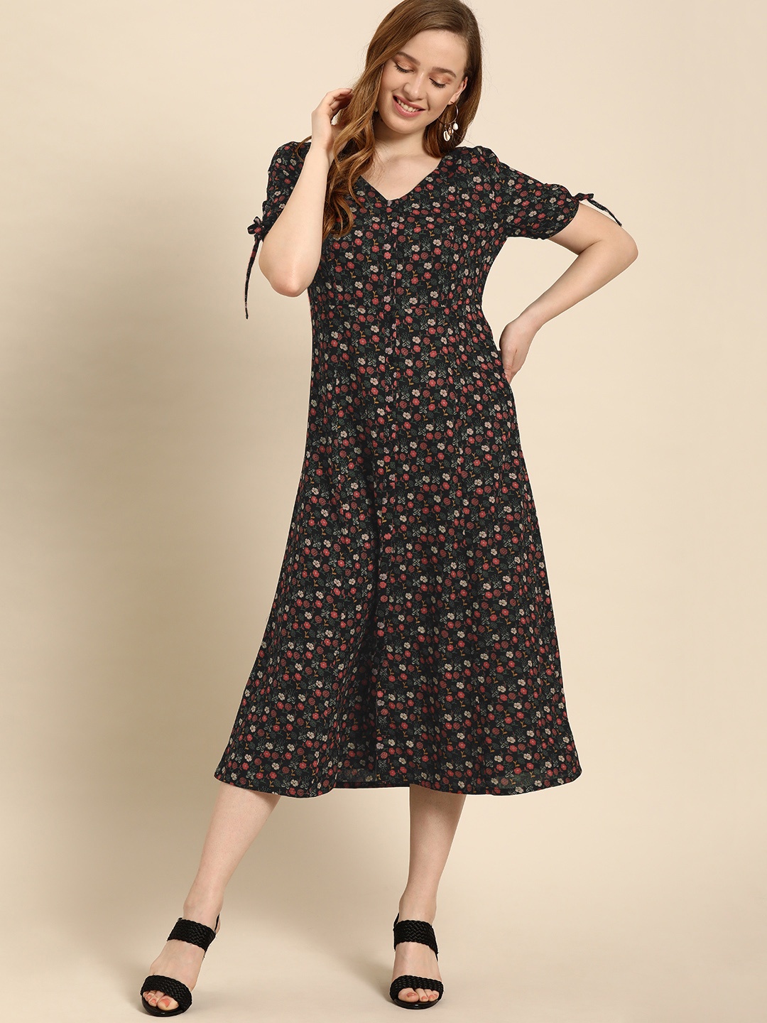 

DressBerry Black Floral Printed A-Line Dress