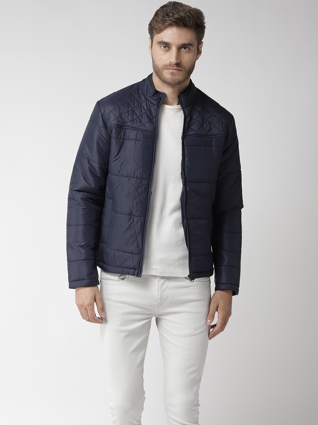 

Flying Machine Men Navy Blue Solid Padded Jacket