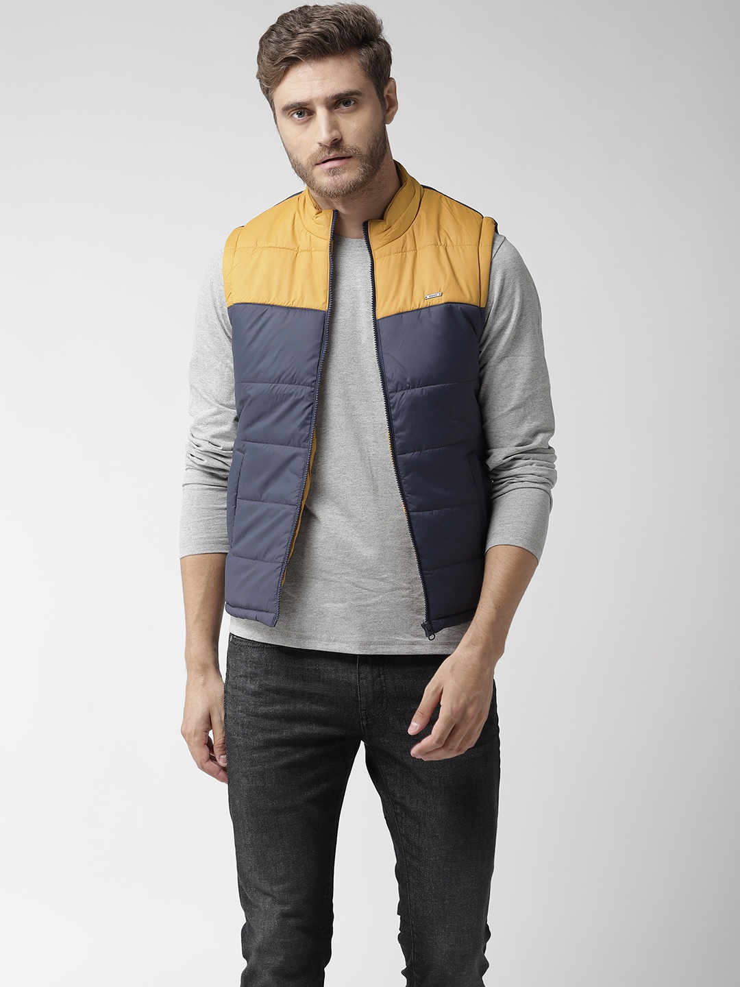 

Flying Machine Men Navy Blue & Mustard Yellow Colourblocked Padded Jacket