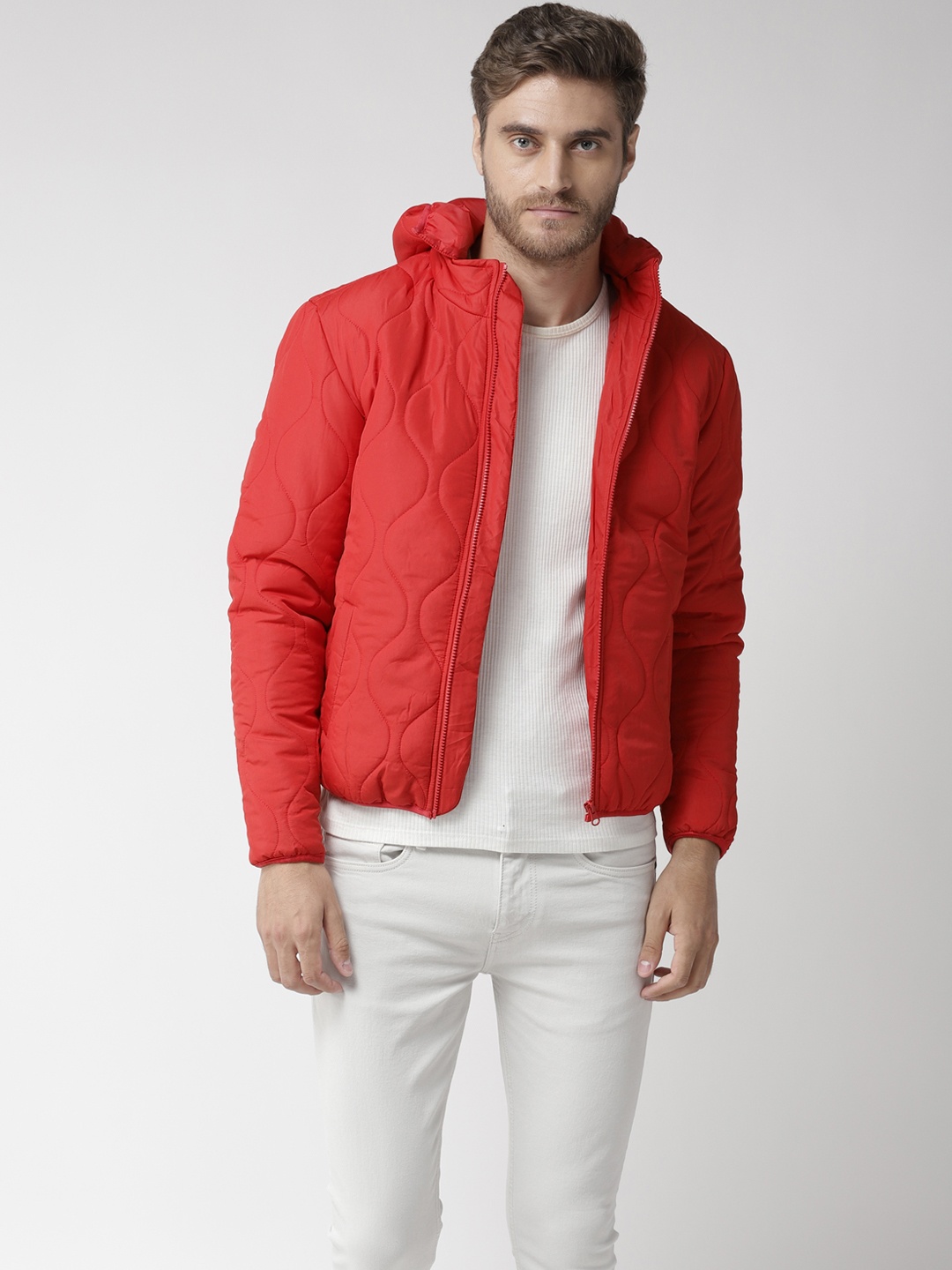 

Flying Machine Men Red Solid Padded Jacket with Detachable Hood