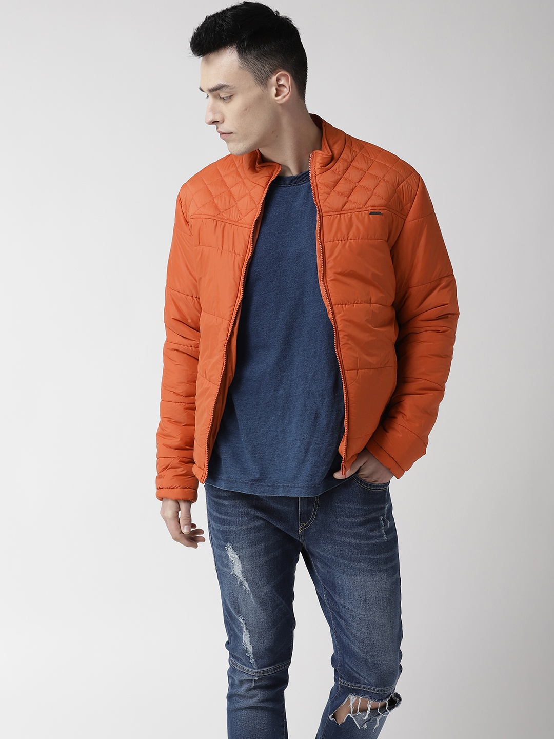 

Flying Machine Men Rust Orange Solid Padded Jacket