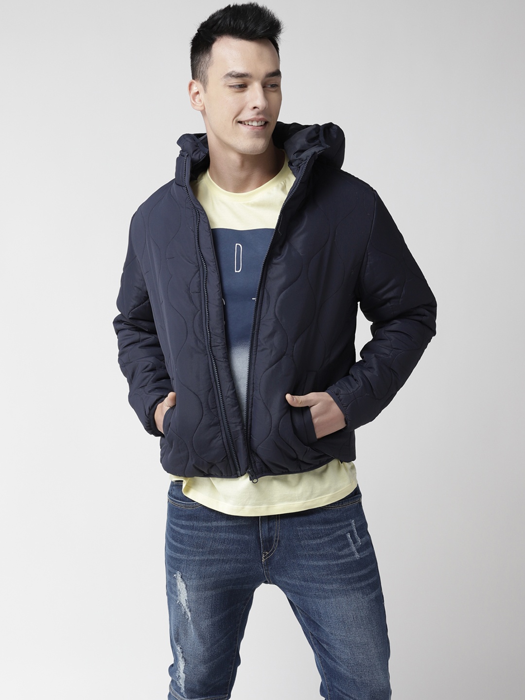 

Flying Machine Men Navy Blue Solid Padded Jacket