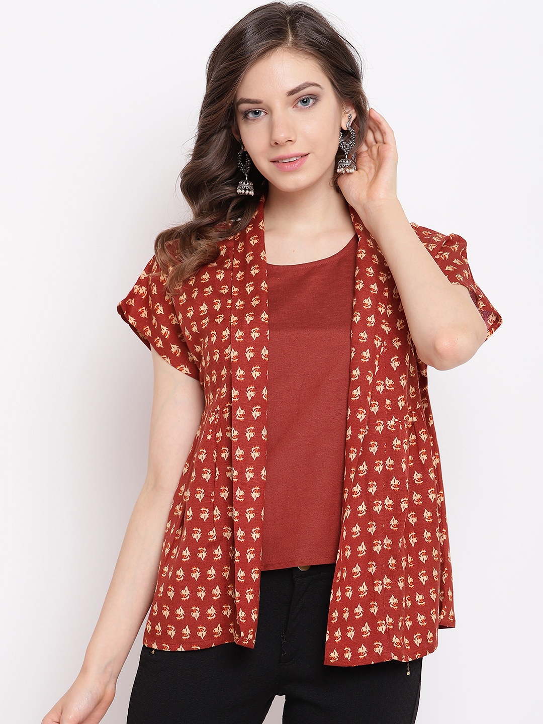 

Rangriti Women Rust Orange & Beige Solid Layered Top with Ethnic Jacket