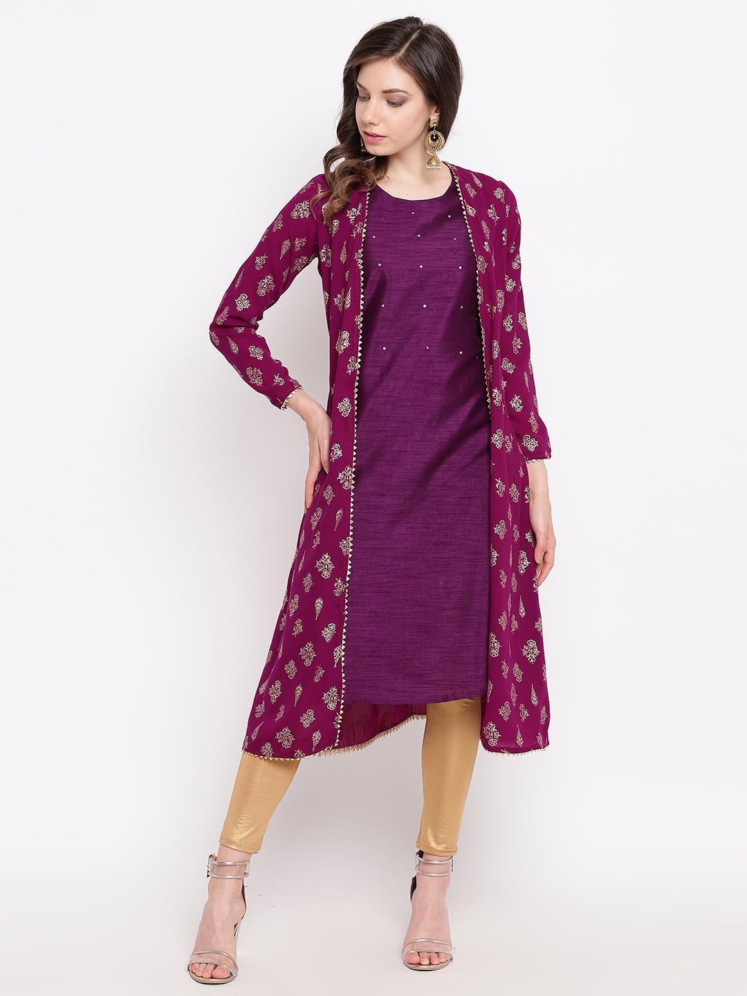 

Rangriti Women Aubergine & Golden Printed A-Line Layered Kurta, Purple