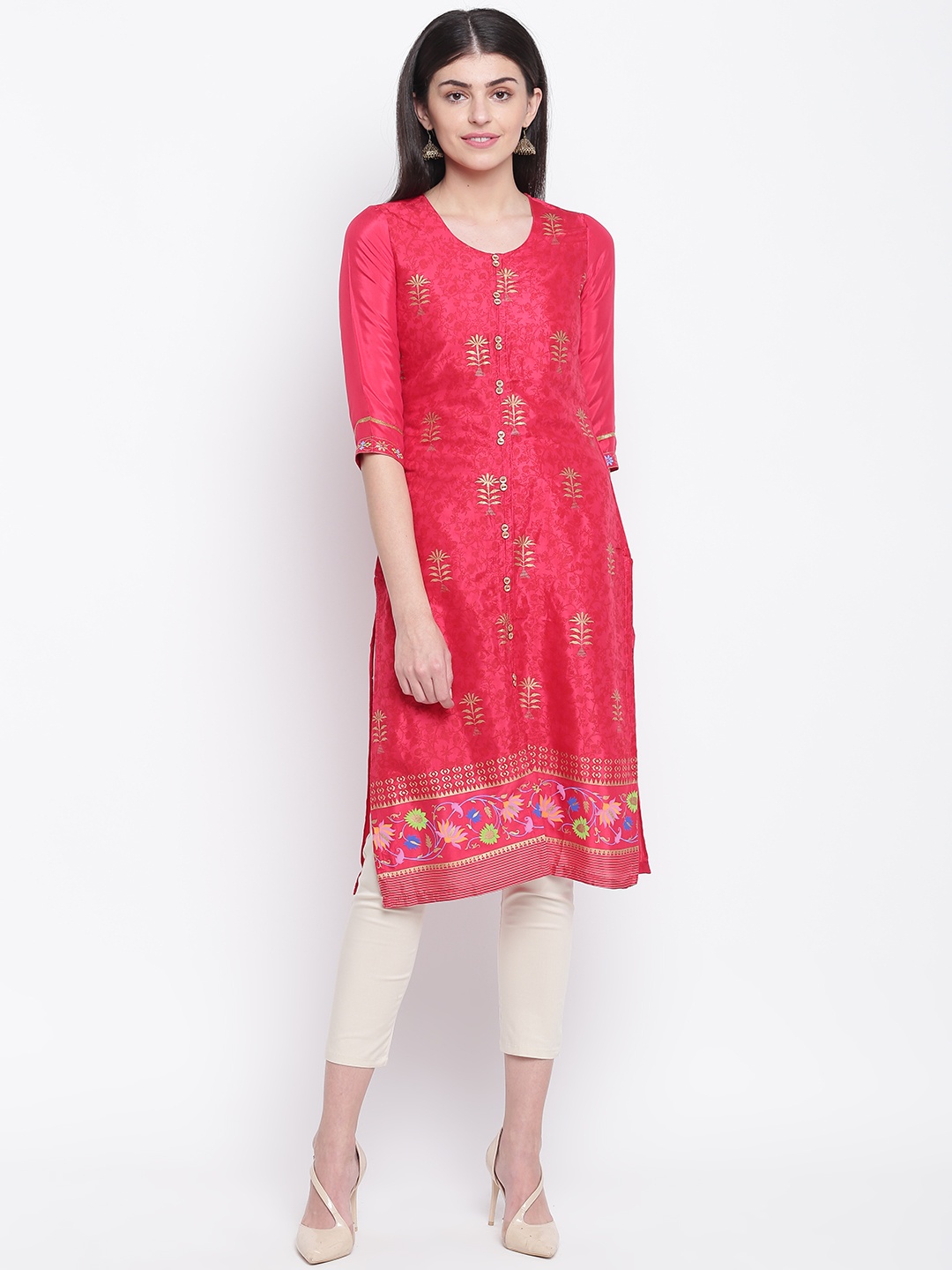 

Rangriti Women Red & Golden Floral Printed Straight Kurta