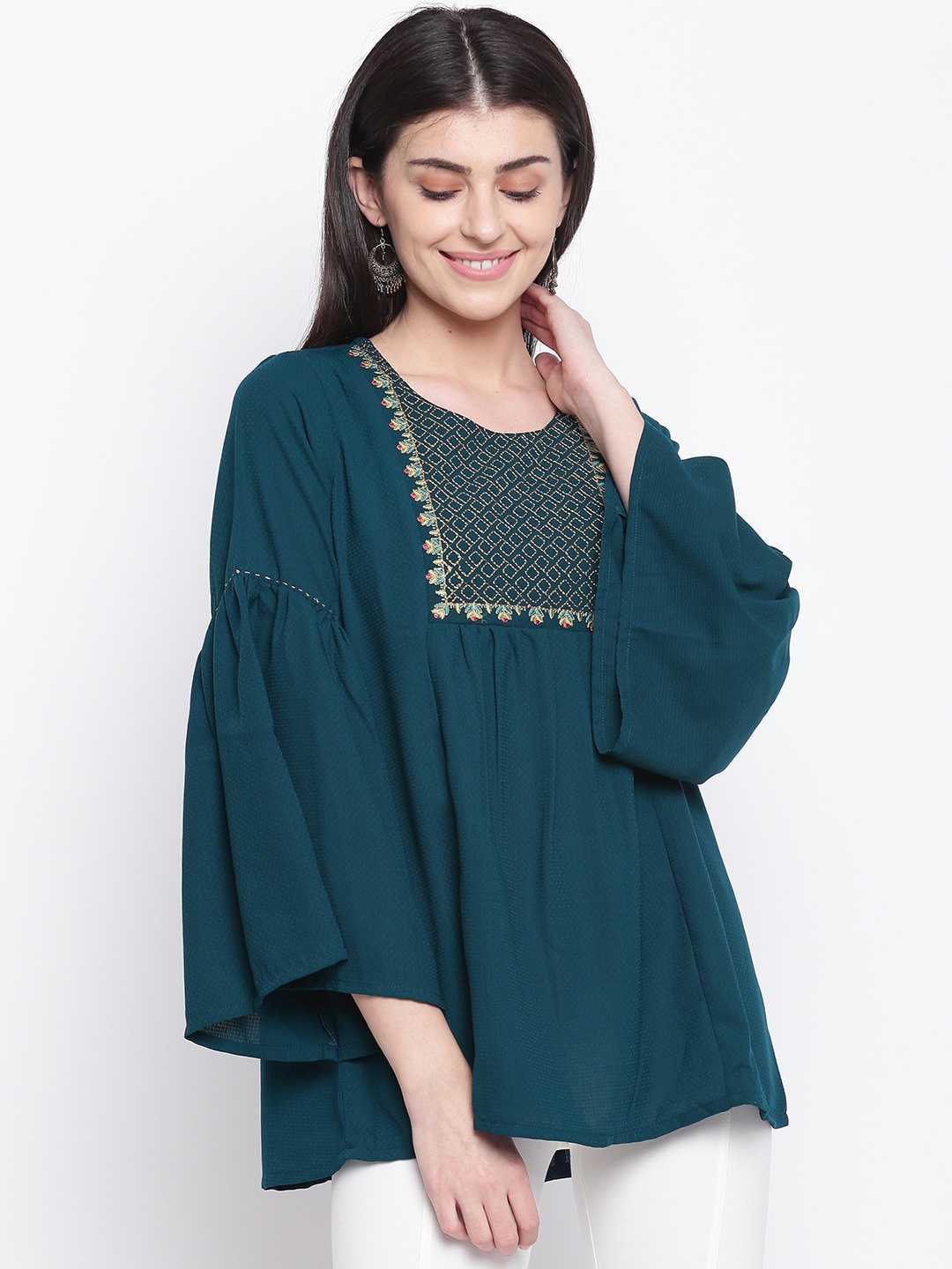 

Rangriti Women Teal Green & Golden Embroidered A-line Top