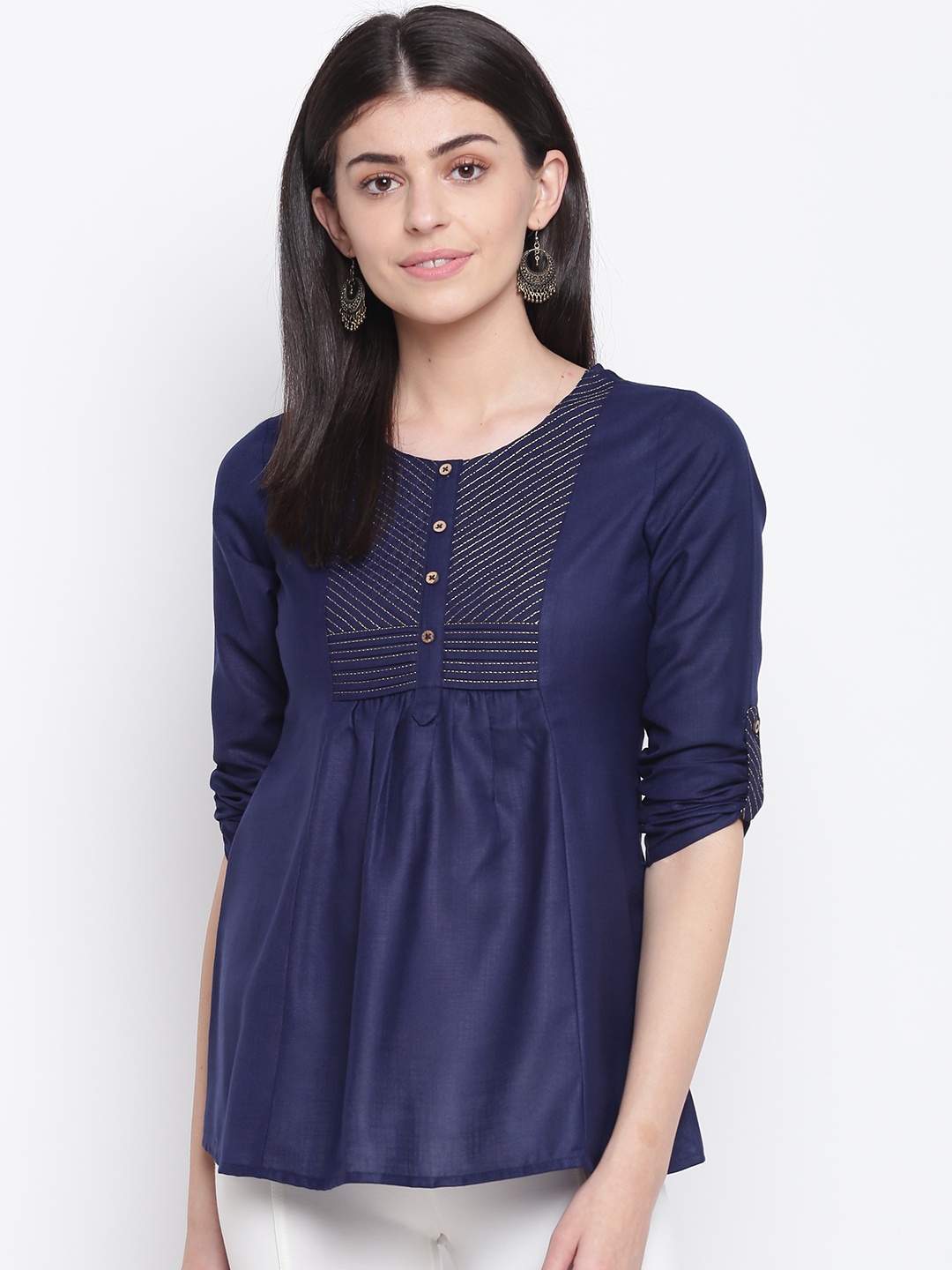 

Rangriti Women Navy Blue & Golden Yoke Design A-Line Top