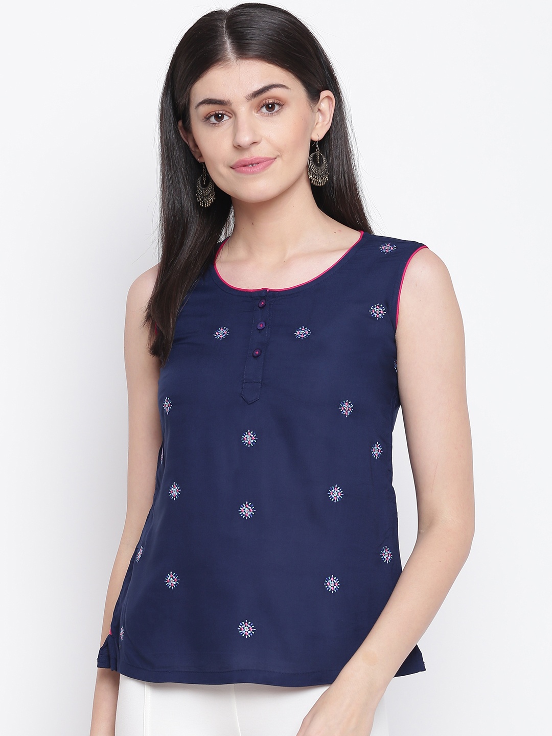 

Rangriti Women Navy Blue Embroidered Top
