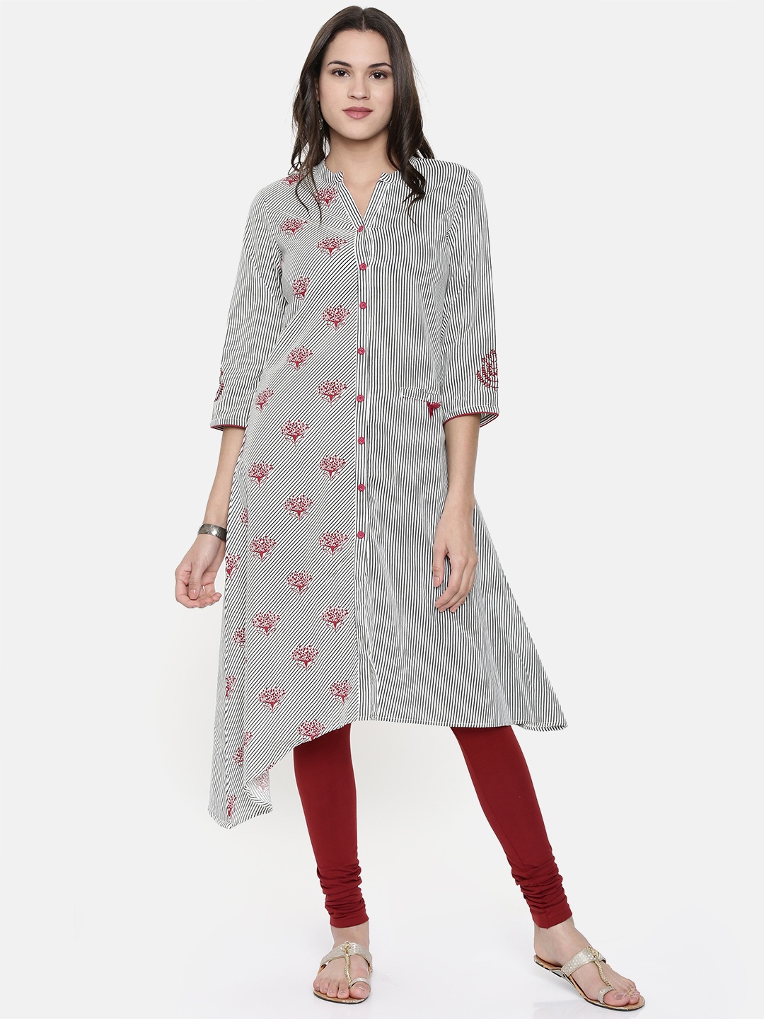 

Rangriti Women White & Black Printed Asymmetrical Hemline A-Line Kurta