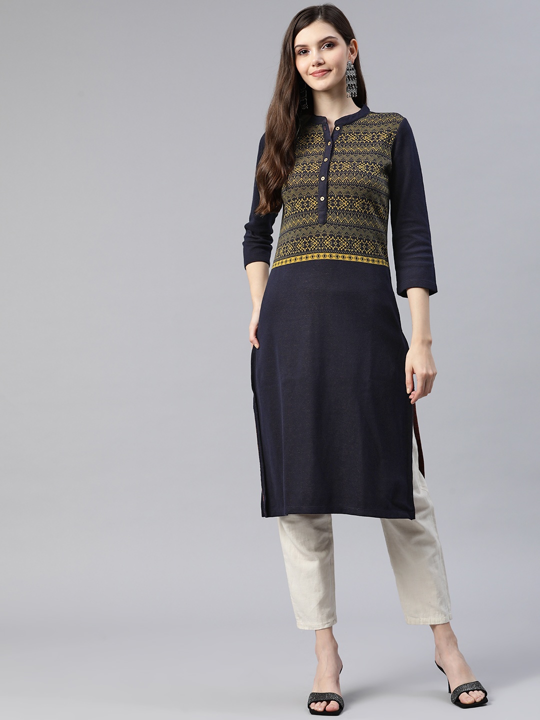 

Rangriti Women Ethnic Motifs Printed Knitted Kurta, Navy blue