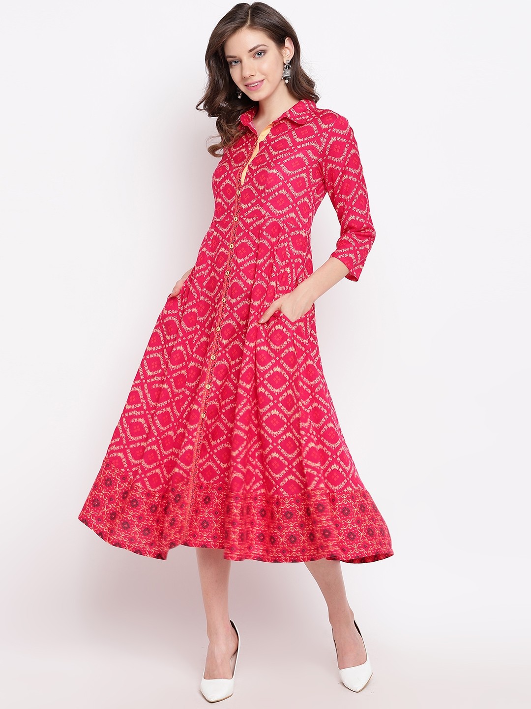 

Rangriti Women Pink & Cream-Coloured Geometric Print Shirt Dress