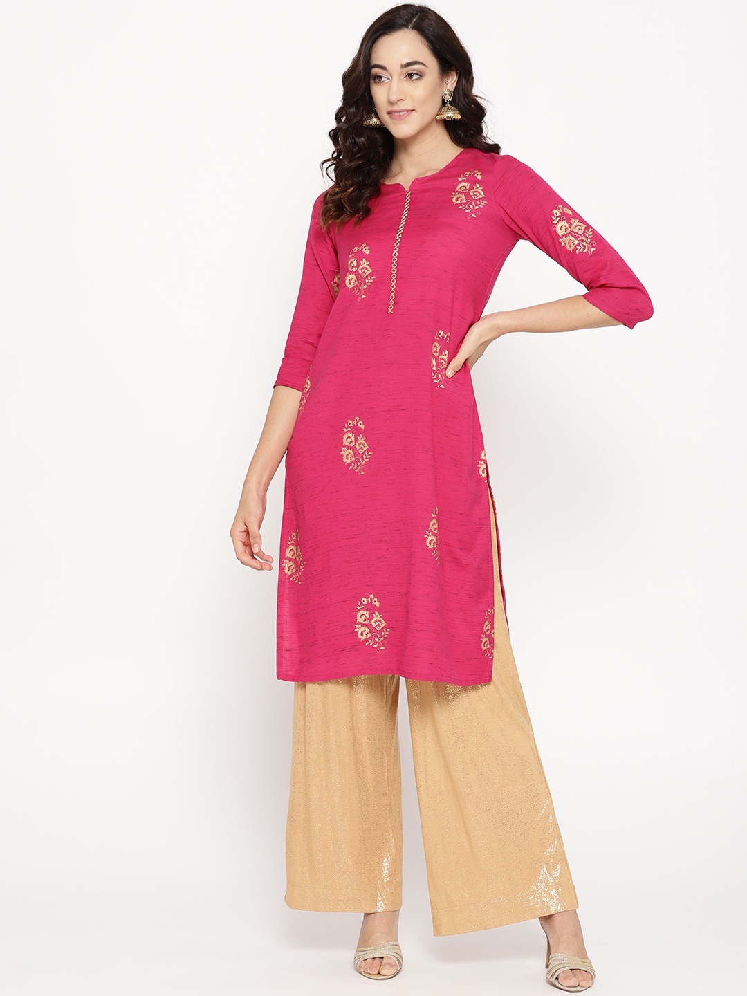

Rangriti Women Pink & Golden Ethnic Motifs Print Straight Kurta