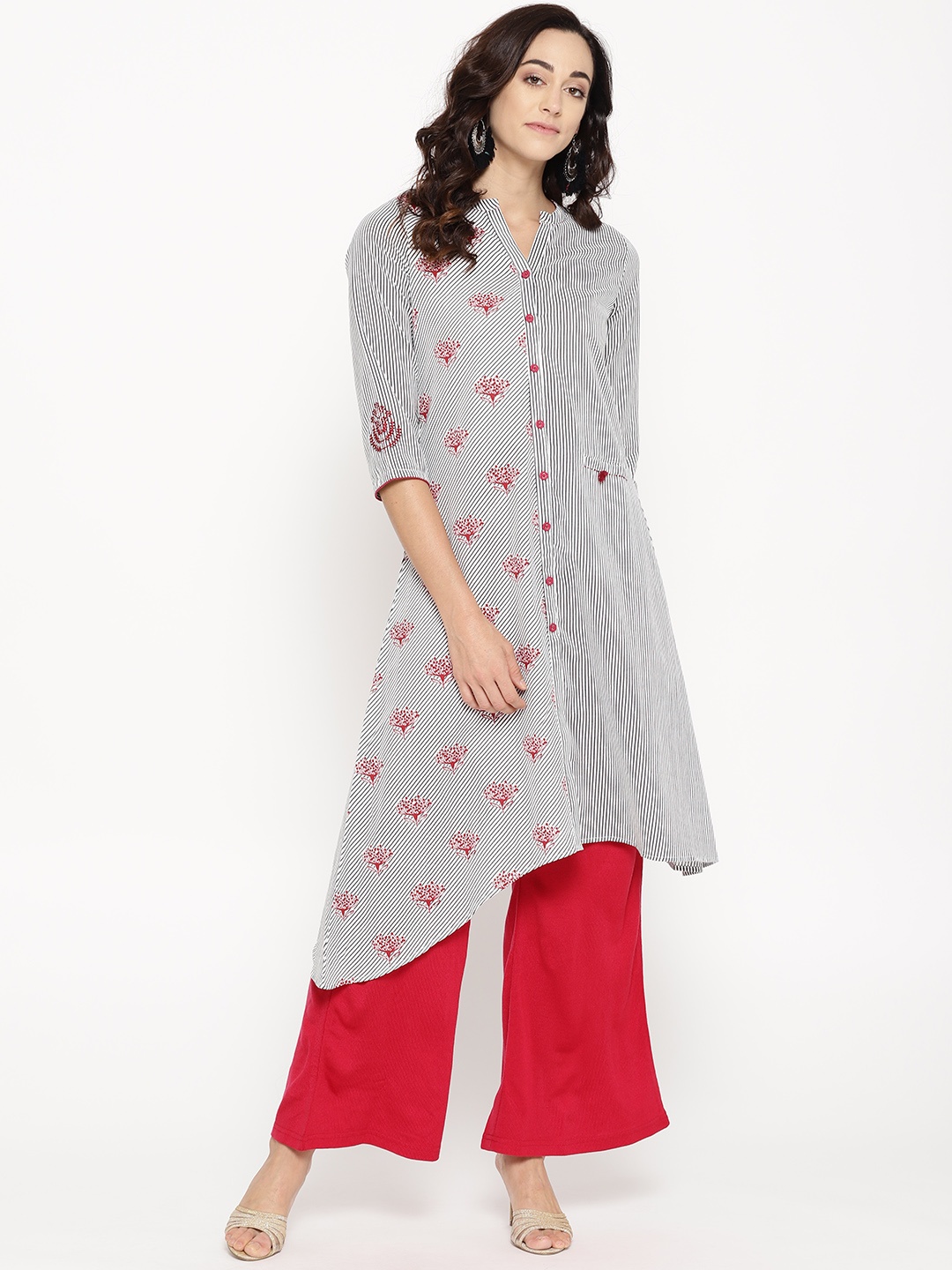 

Rangriti Women White & Black Striped Asymmetric A-Line Kurta