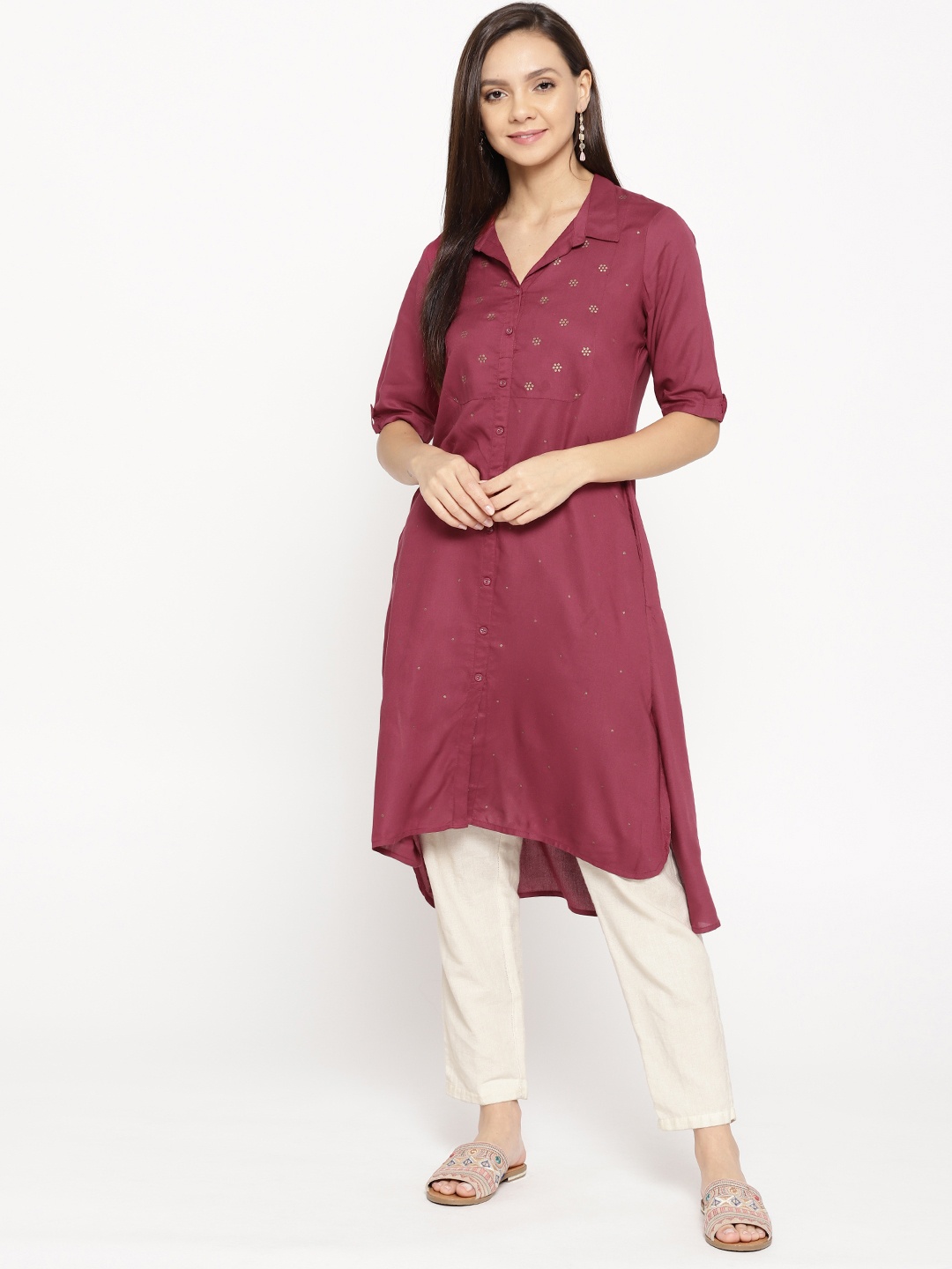 

Rangriti Women Maroon Yoke Design A-Line Kurta
