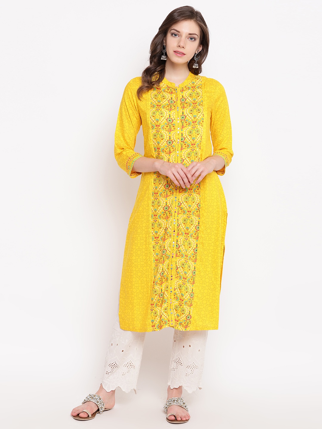 

Rangriti Women Mustard Yellow Printed Straight Kurta