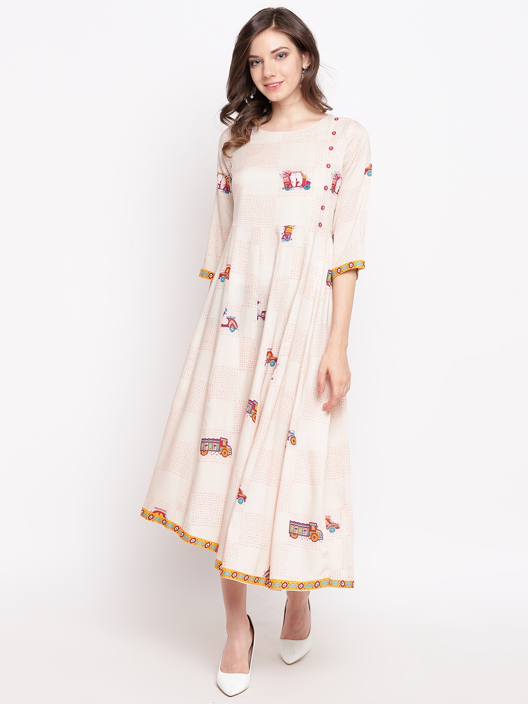 

Rangriti Women Cream-Coloured & Peach-Coloured Printed A-Line Dress