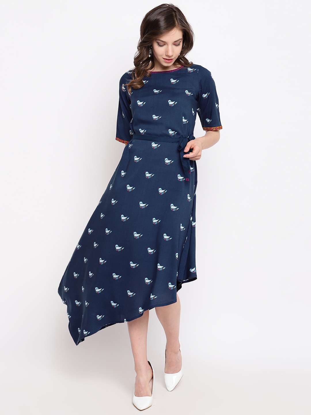 

Rangriti Women Blue Bird Print A-Line Dress