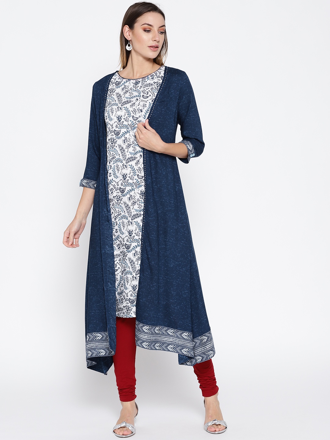 

Rangriti Women Navy Blue & Off-White Floral Print Layered A-Line Kurta