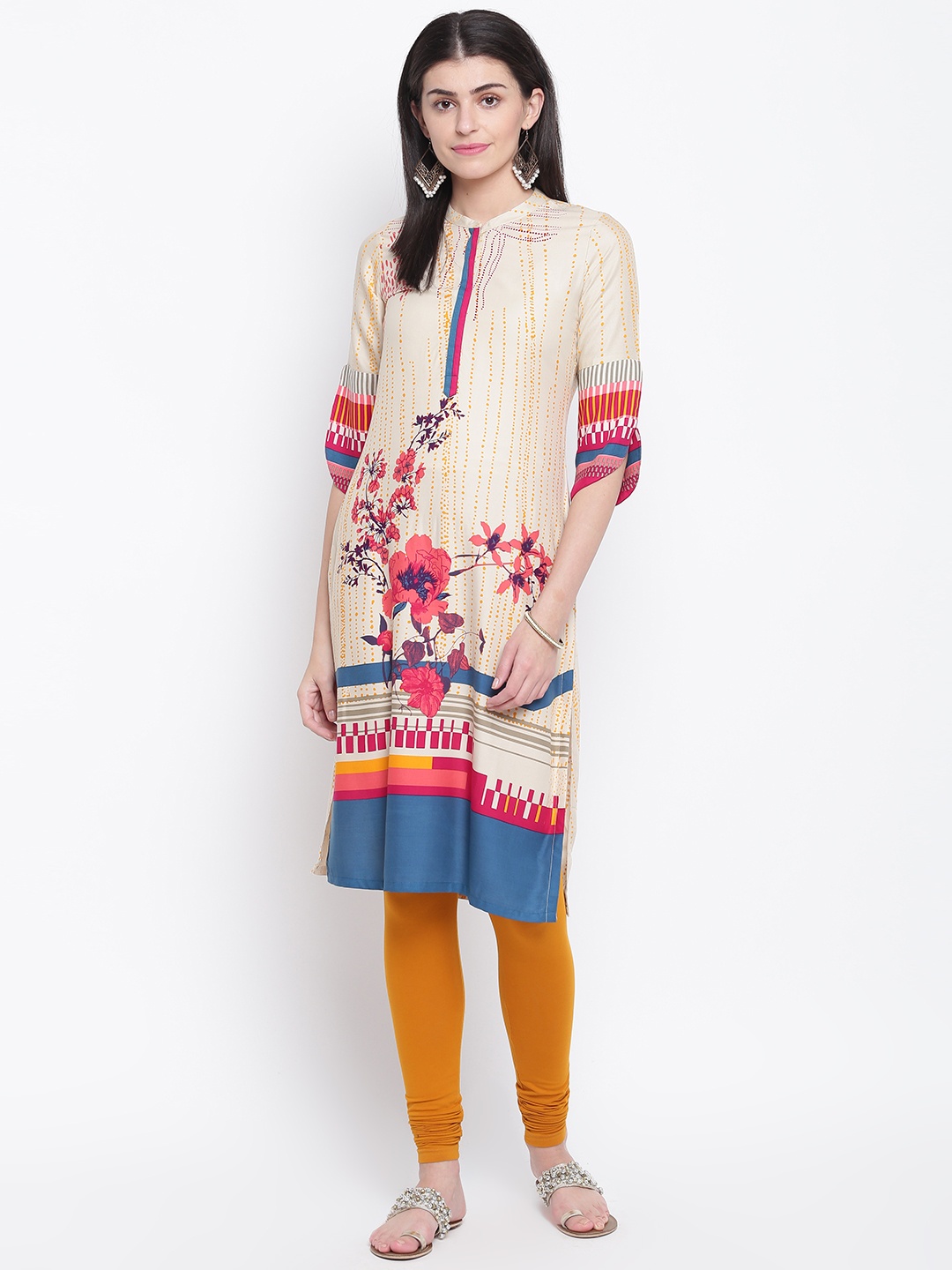 

Rangriti Women Beige & Pink Floral Print Straight Kurta