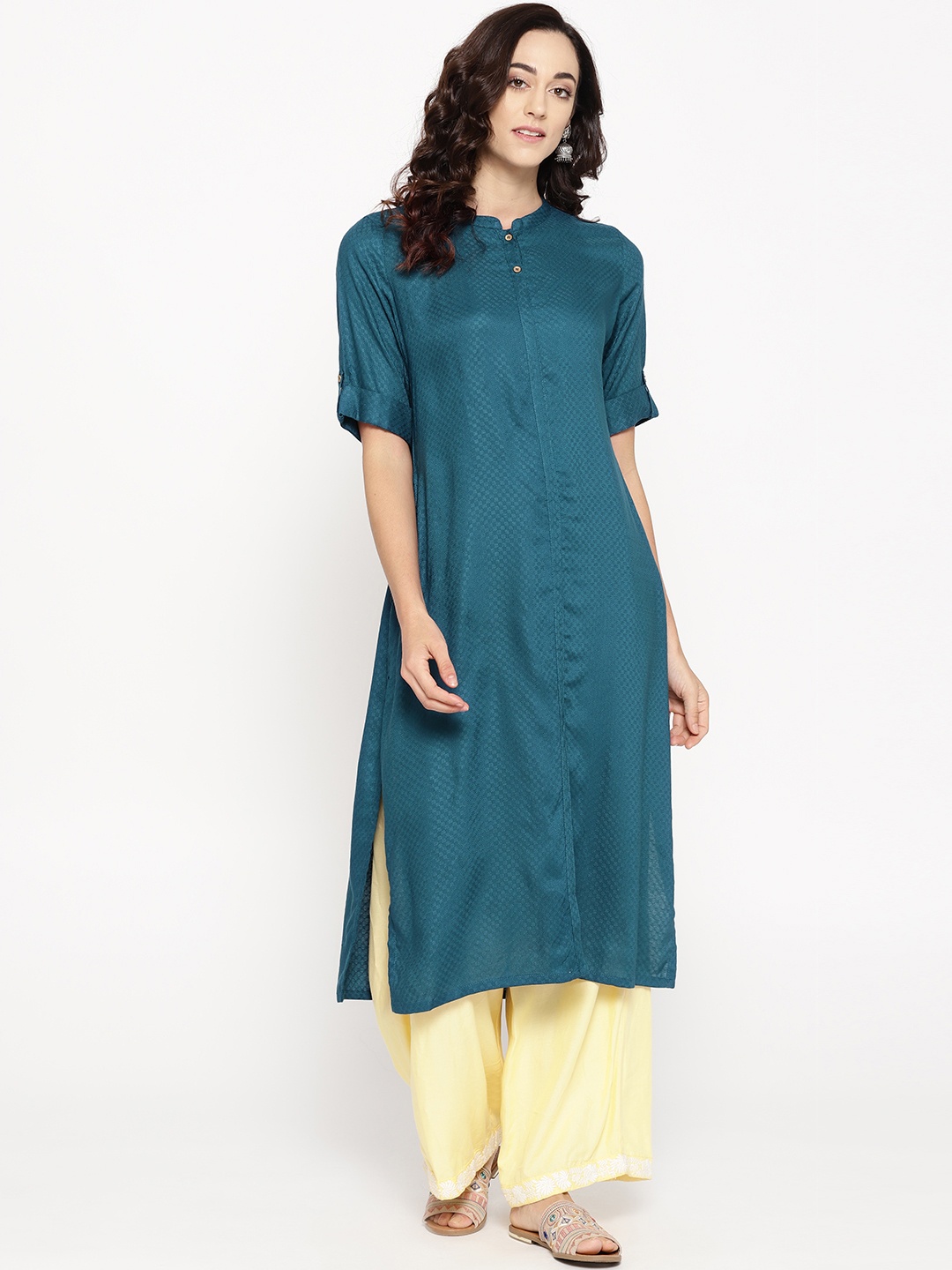 

Rangriti Women Teal Blue Woven Design Straight Kurta