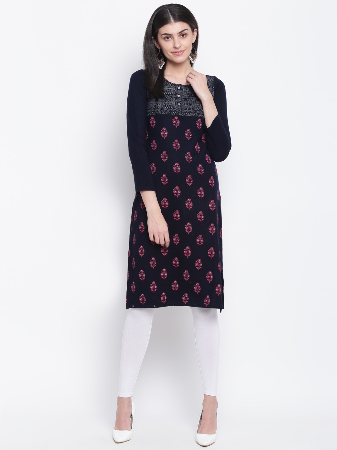 

Rangriti Women Navy Blue & Pink Printed Straight Winter Kurta