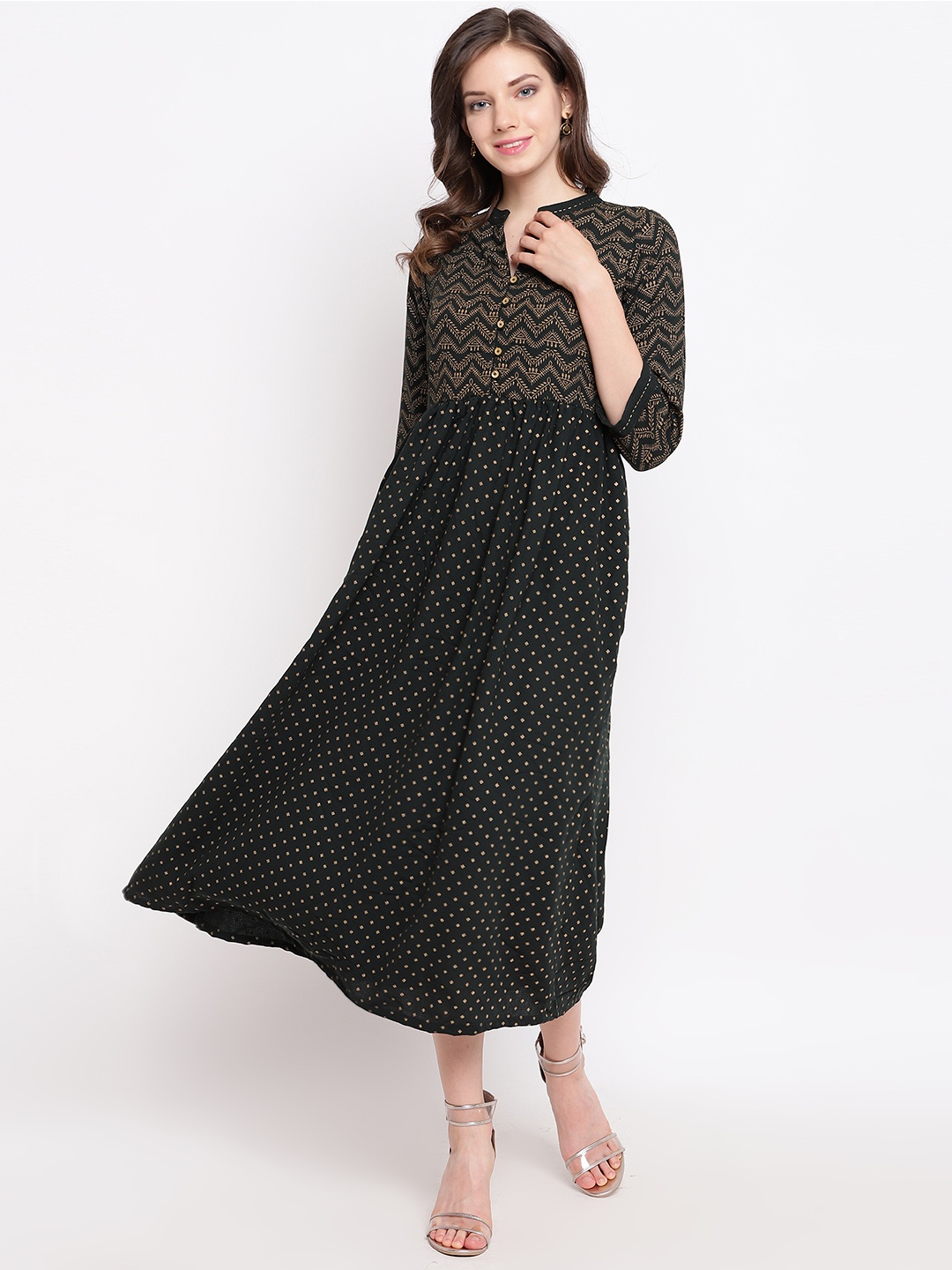 

Rangriti Women Green & Golden Printed A-Line Dress