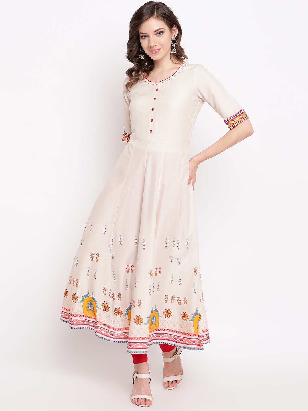 

Rangriti Women Cream-Coloured & Red Printed Anarkali Kurta