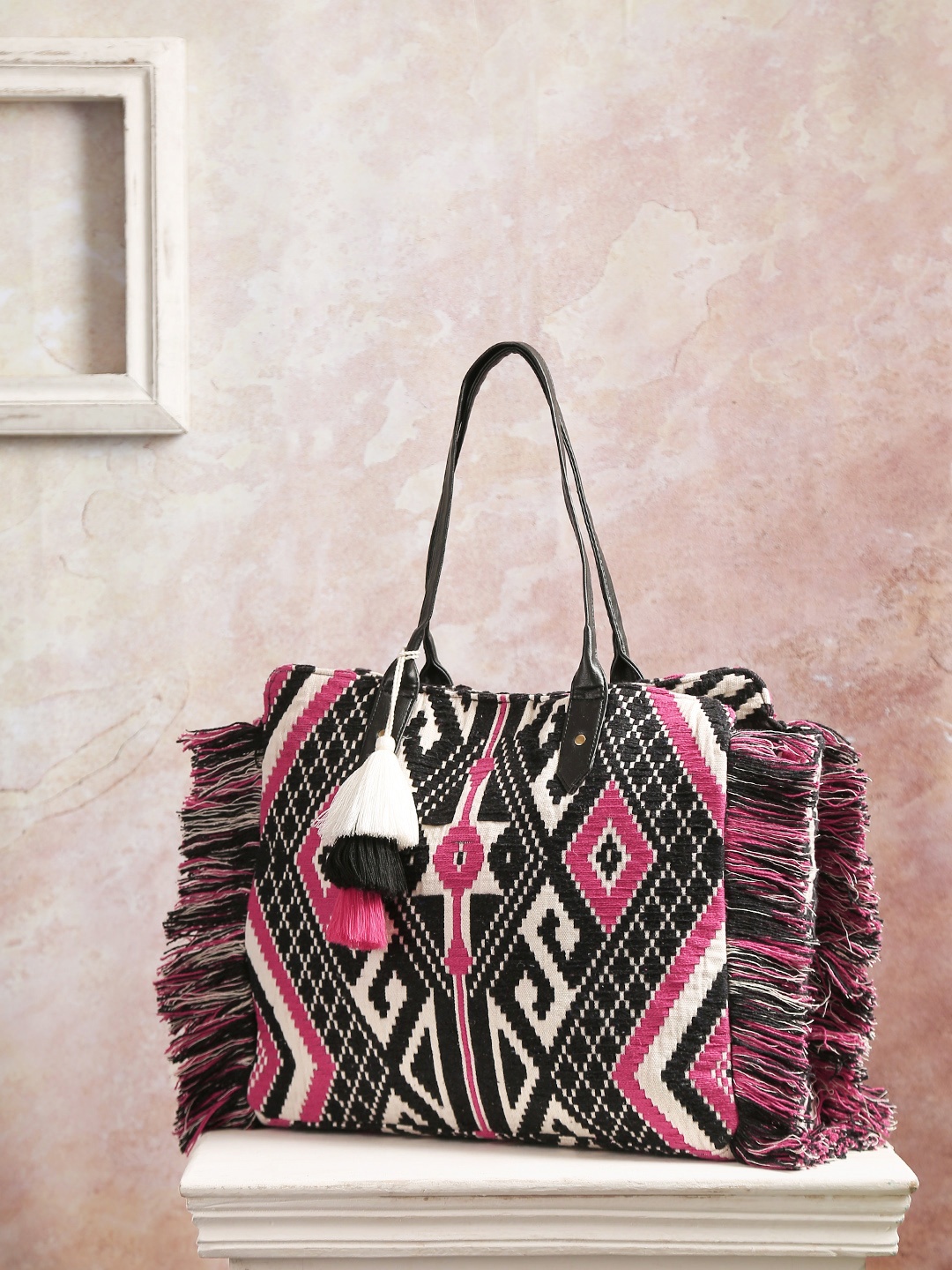 

ALII AND ALIIZEY Black & White Jacquard Tote Bag with Fringed Detail