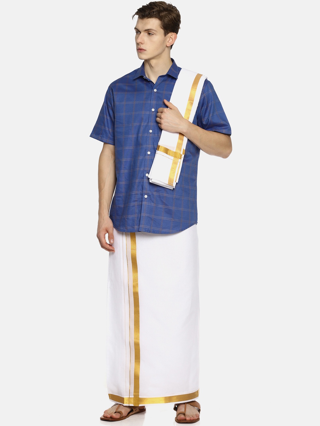 

Sethukrishna Men White Solid Double Layer Readymade Dhoti