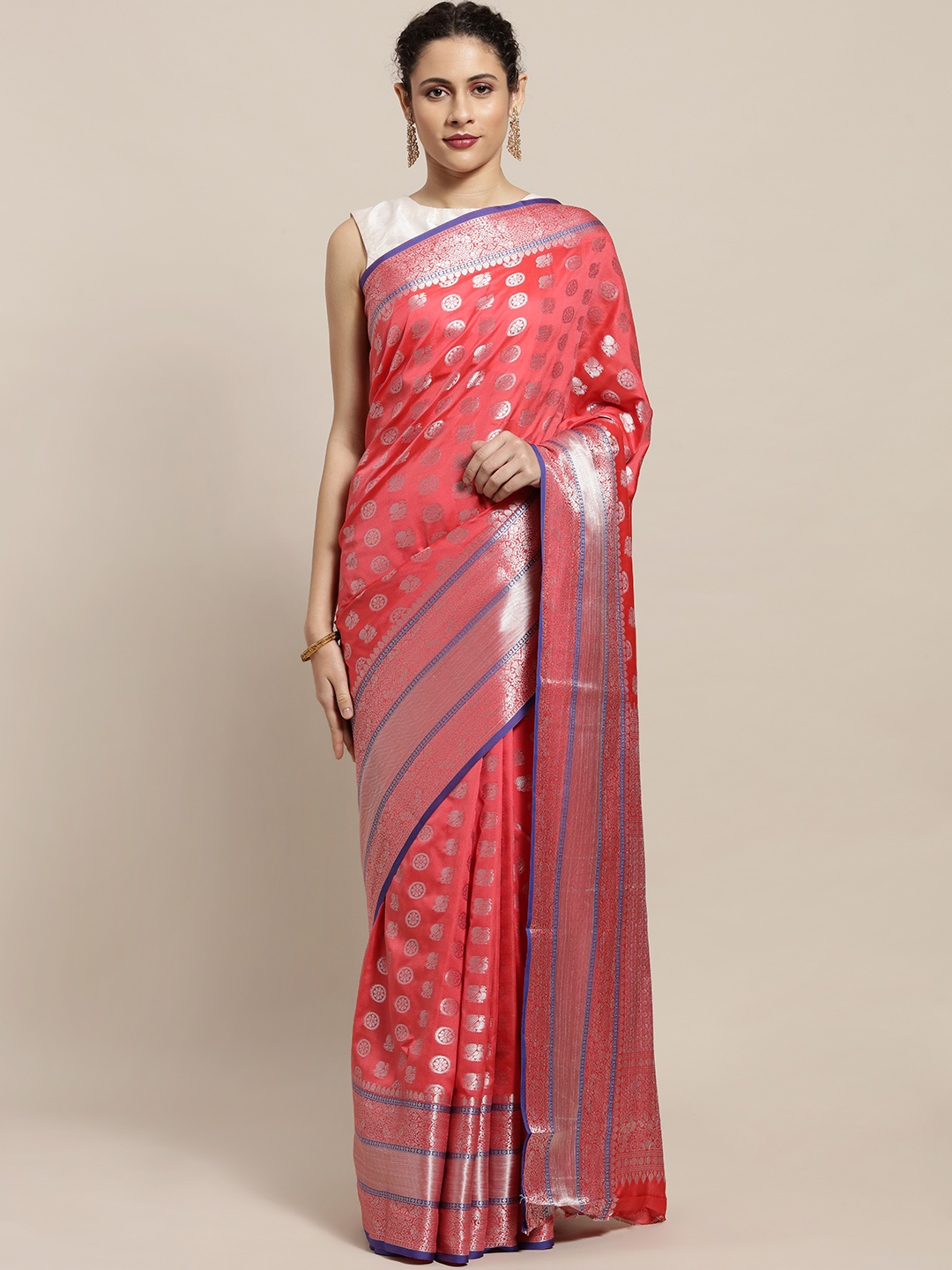 

Sugathari Coral & Silver-Toned Art Silk Woven Design Saree