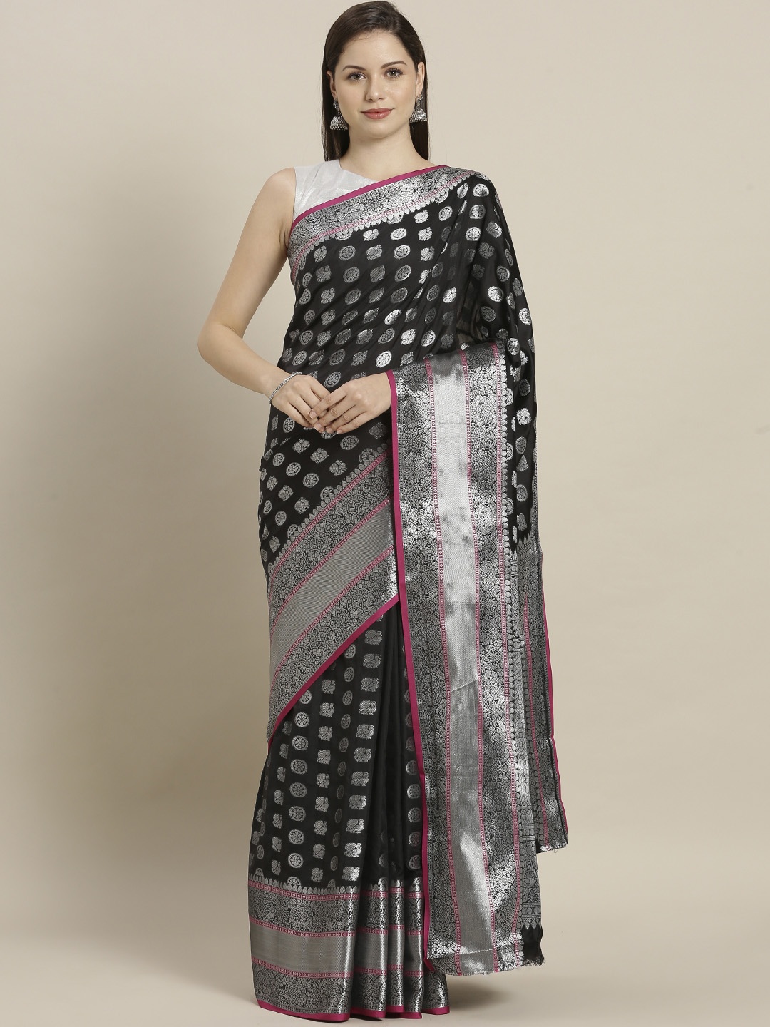 

Sugathari Black & Silver-Toned Art Silk Woven Design Saree