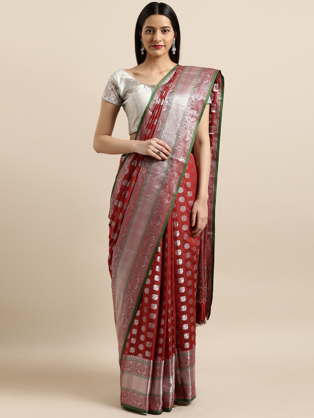 

Sugathari Maroon & Silver-Toned Art Silk Woven Design Saree