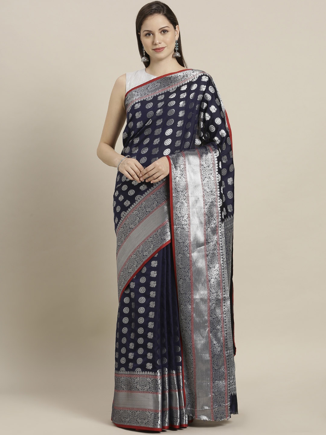 

Sugathari Navy Blue & Silver-Toned Art Silk Woven Design Saree