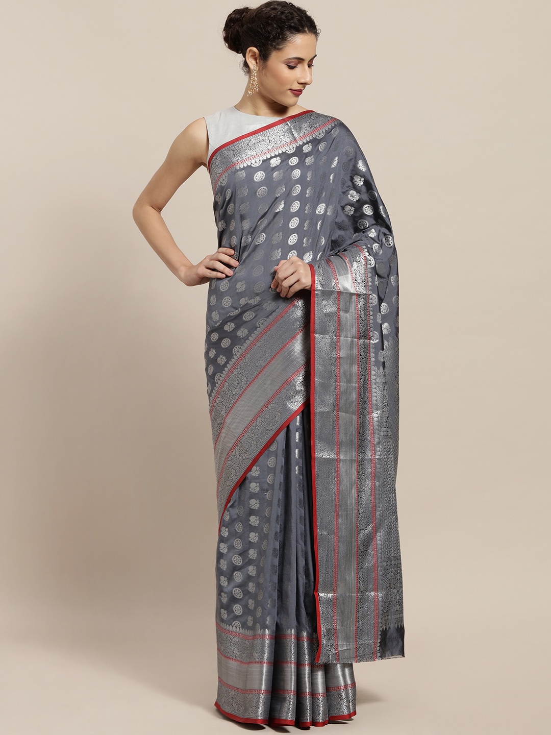 

Sugathari Grey & Silver-Toned Art Silk Woven Design Saree