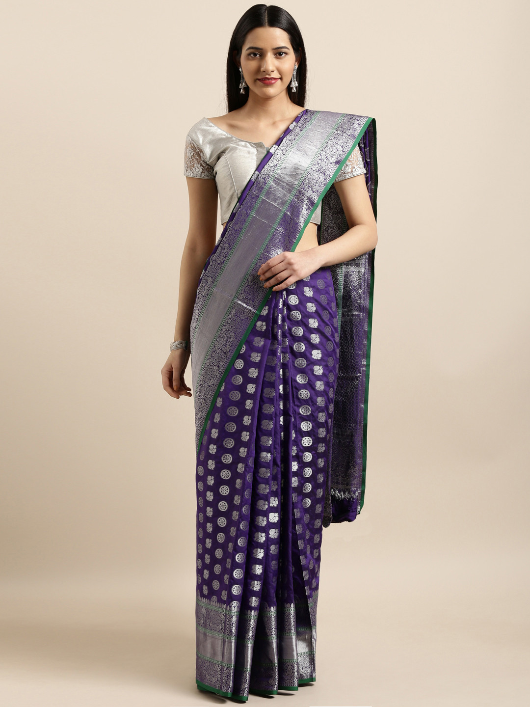 

Sugathari Purple & Silver-Toned Art Silk Woven Design Saree