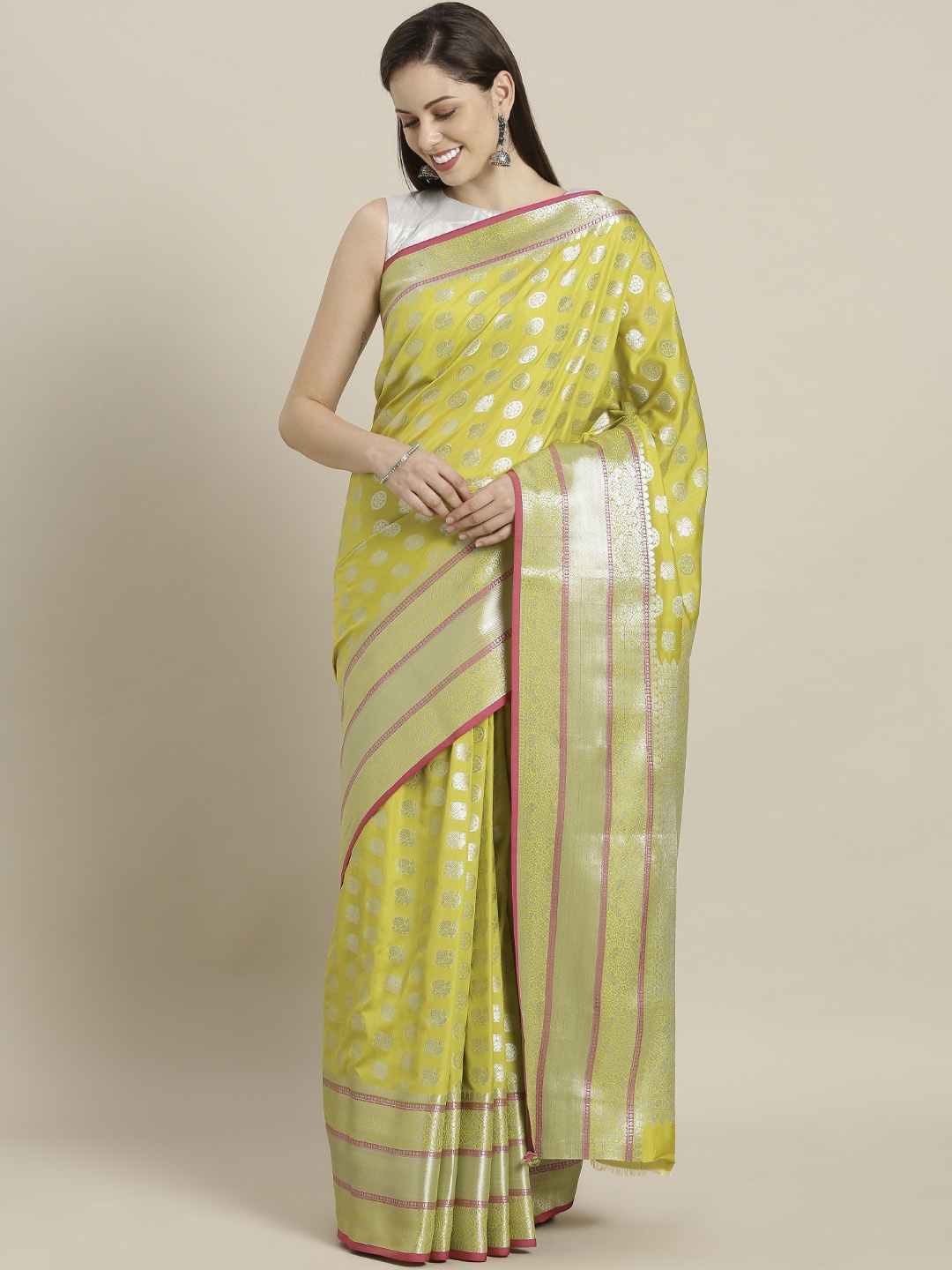 

Sugathari Lime Green & Silver-Toned Art Silk Woven Design Saree