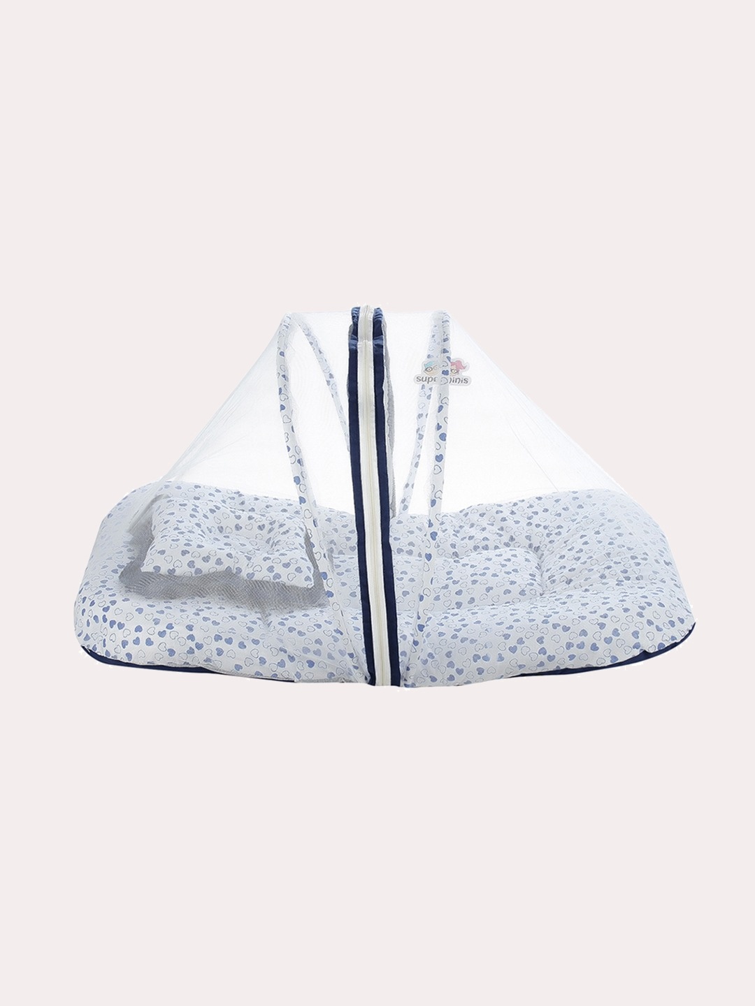 

Superminis Kids Blue & White Printed Cotton Bedding With Mosquito Net