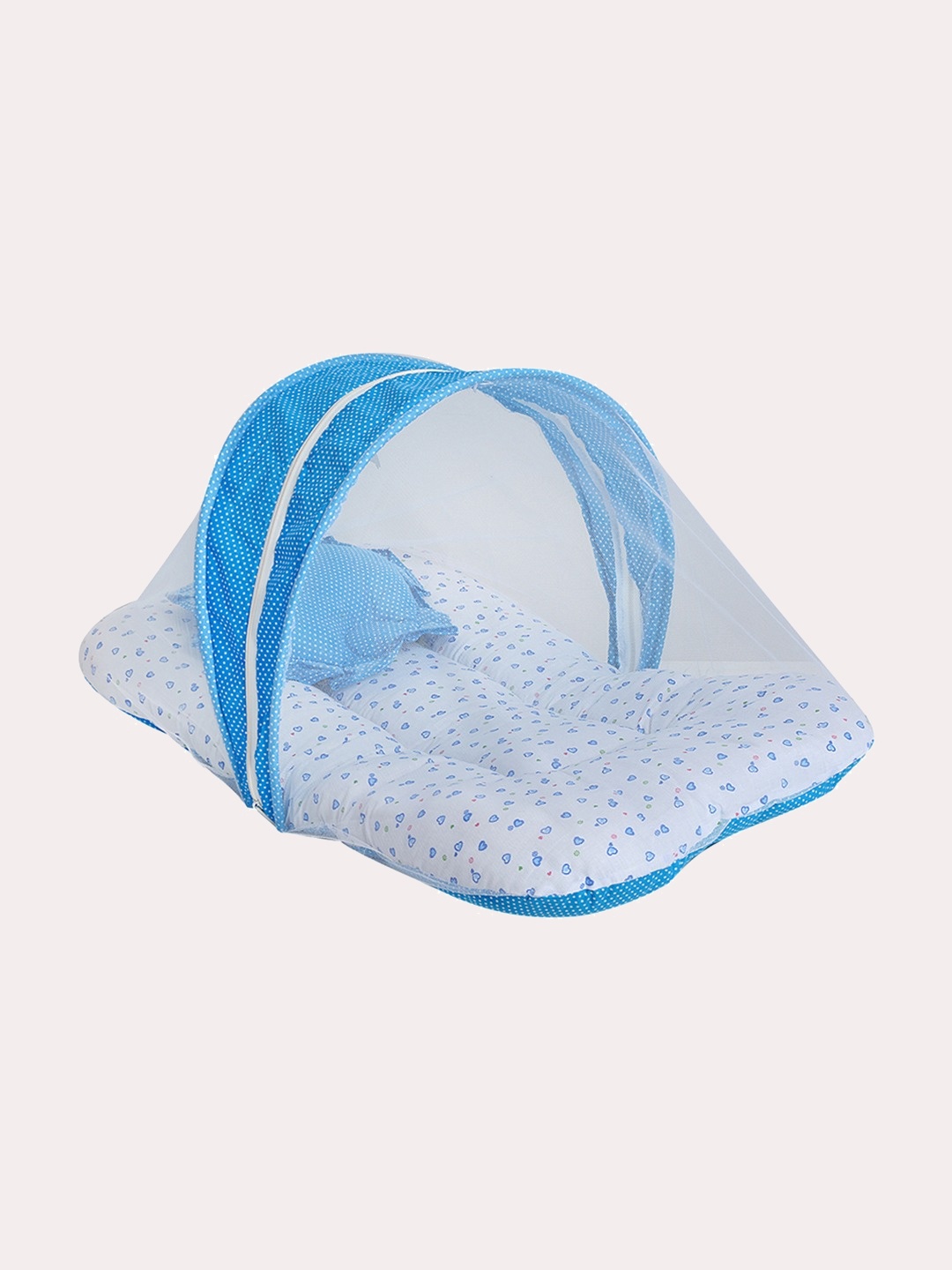 

Superminis Kids White & Blue Printed Cotton Bedding With Mosquito Net