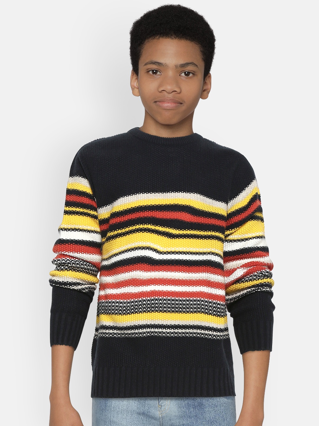 

Wingsfield Boys Navy Blue & Yellow Striped Sweater