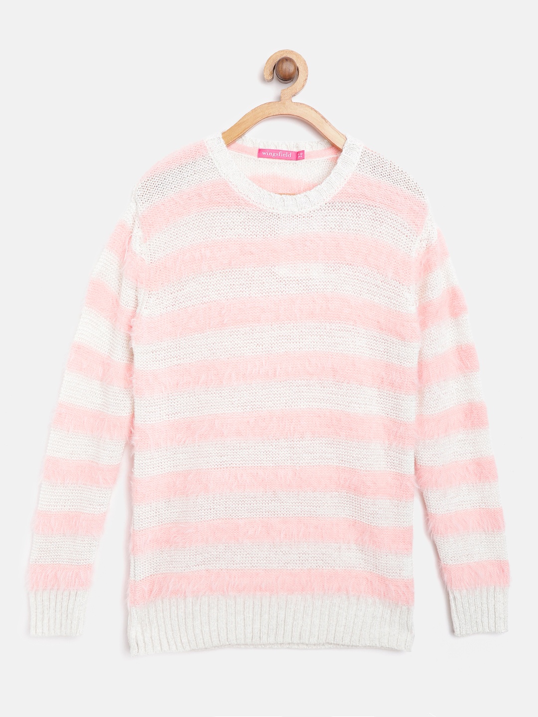 

Wingsfield Girls Off-White & Peach-Coloured Striped Fuzzy Sweater